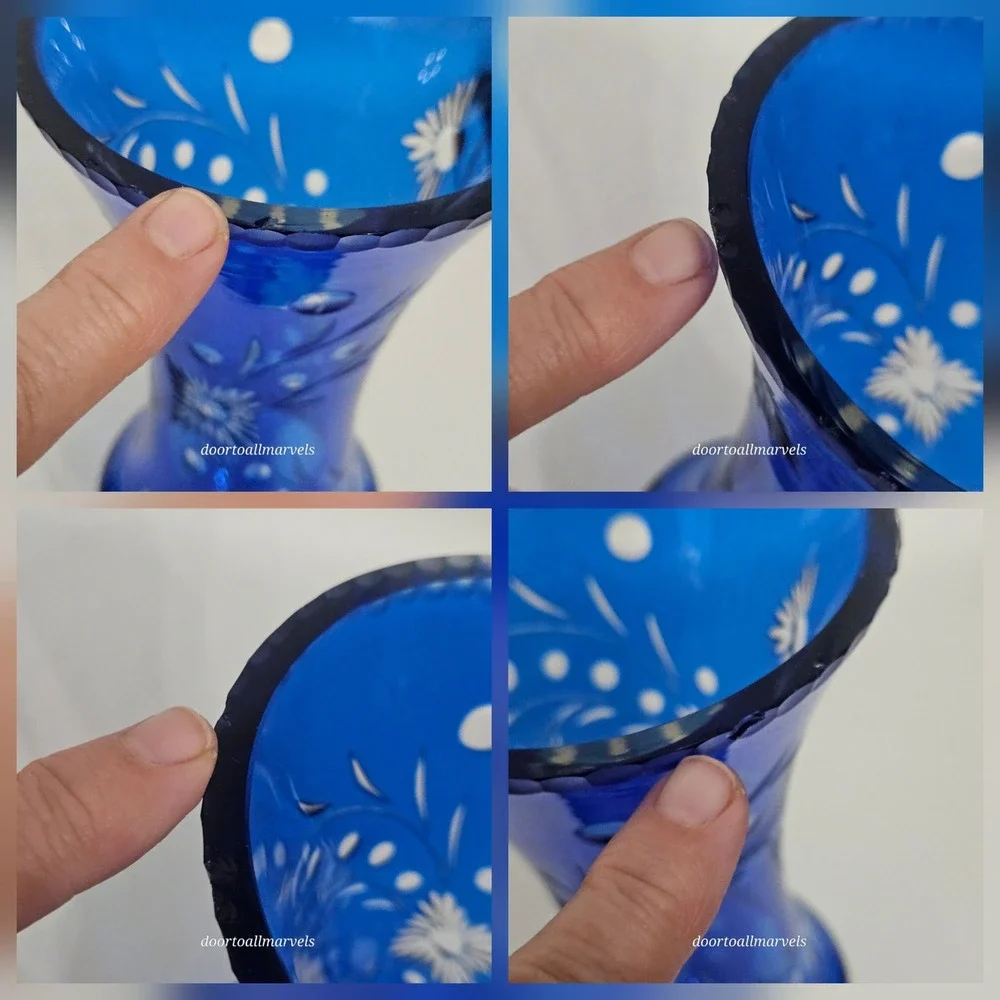 VTG Val St Lambert Footed Vase Cobalt Blue Cut-to-Clear Crystal Europe Art Deco